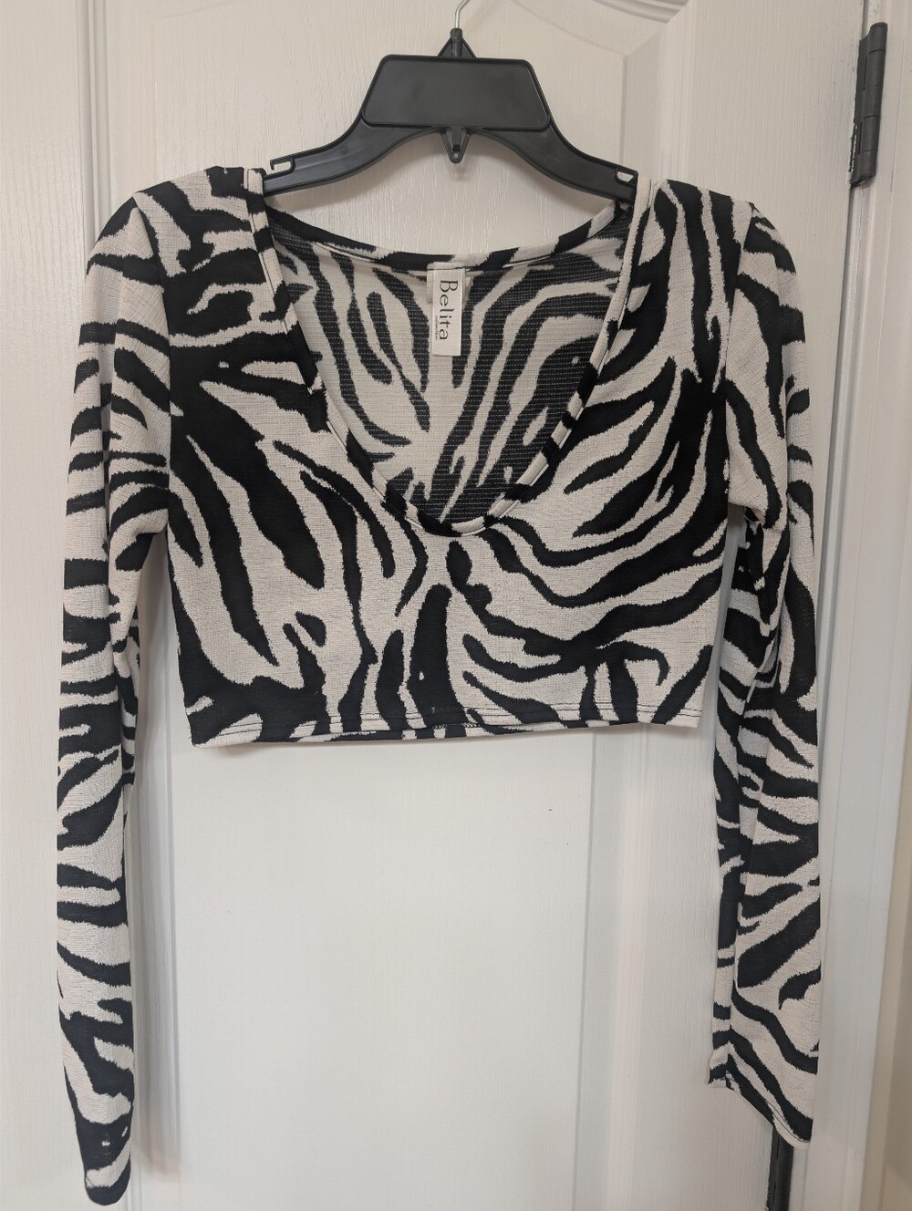 Zebra Print Long Sleeve Crop Top in Black and White